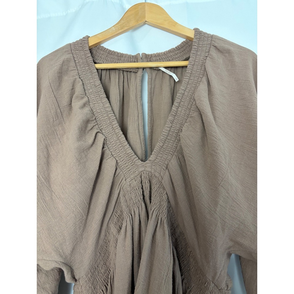 Free People 100 Degree Mini Dress Mocha Brown Smocked V-Neck Gauze Boho Large - Picture 2 of 11